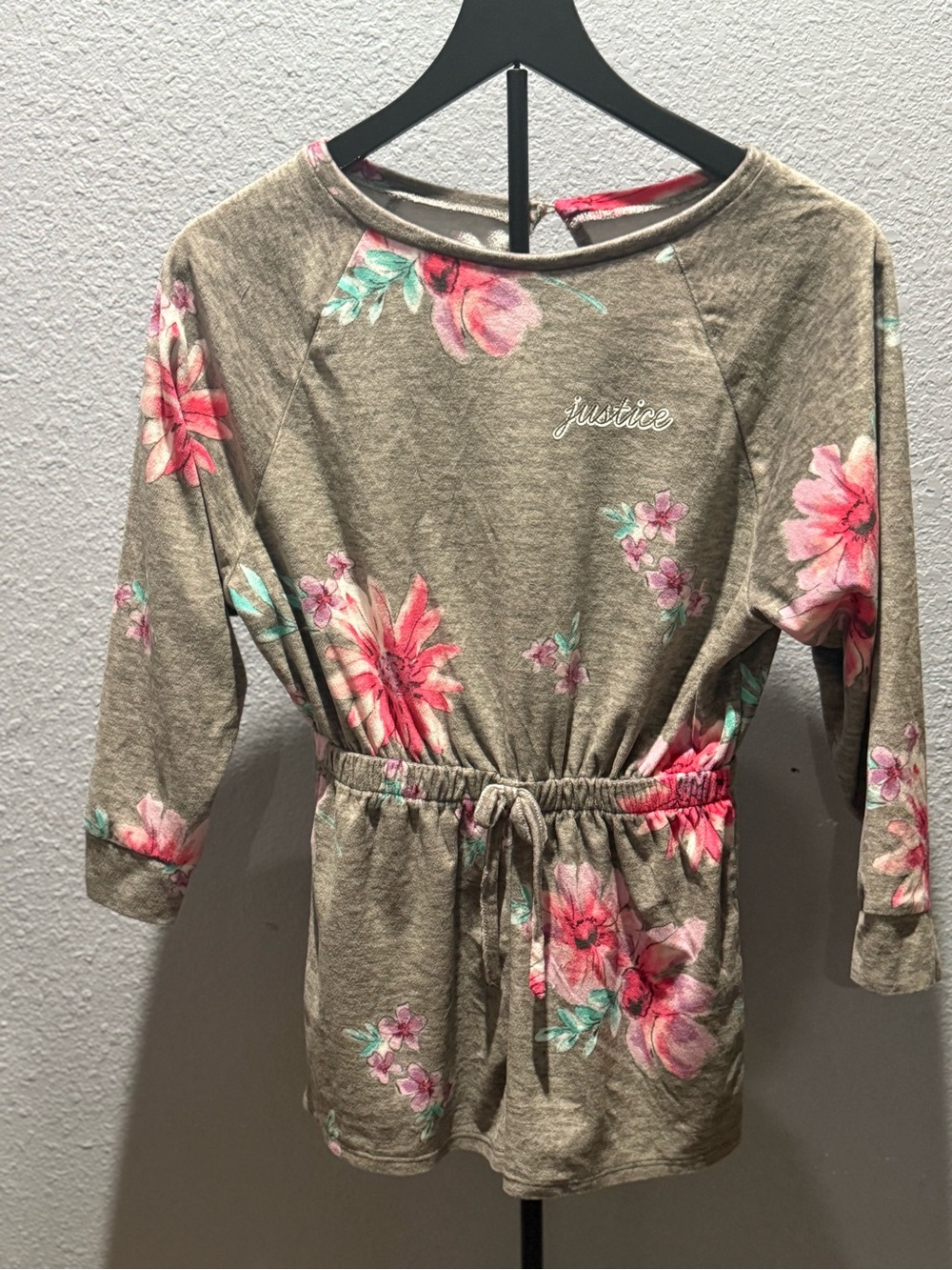 Justice Grey Floral Drawstring short jumpsuit with Pink Accents
